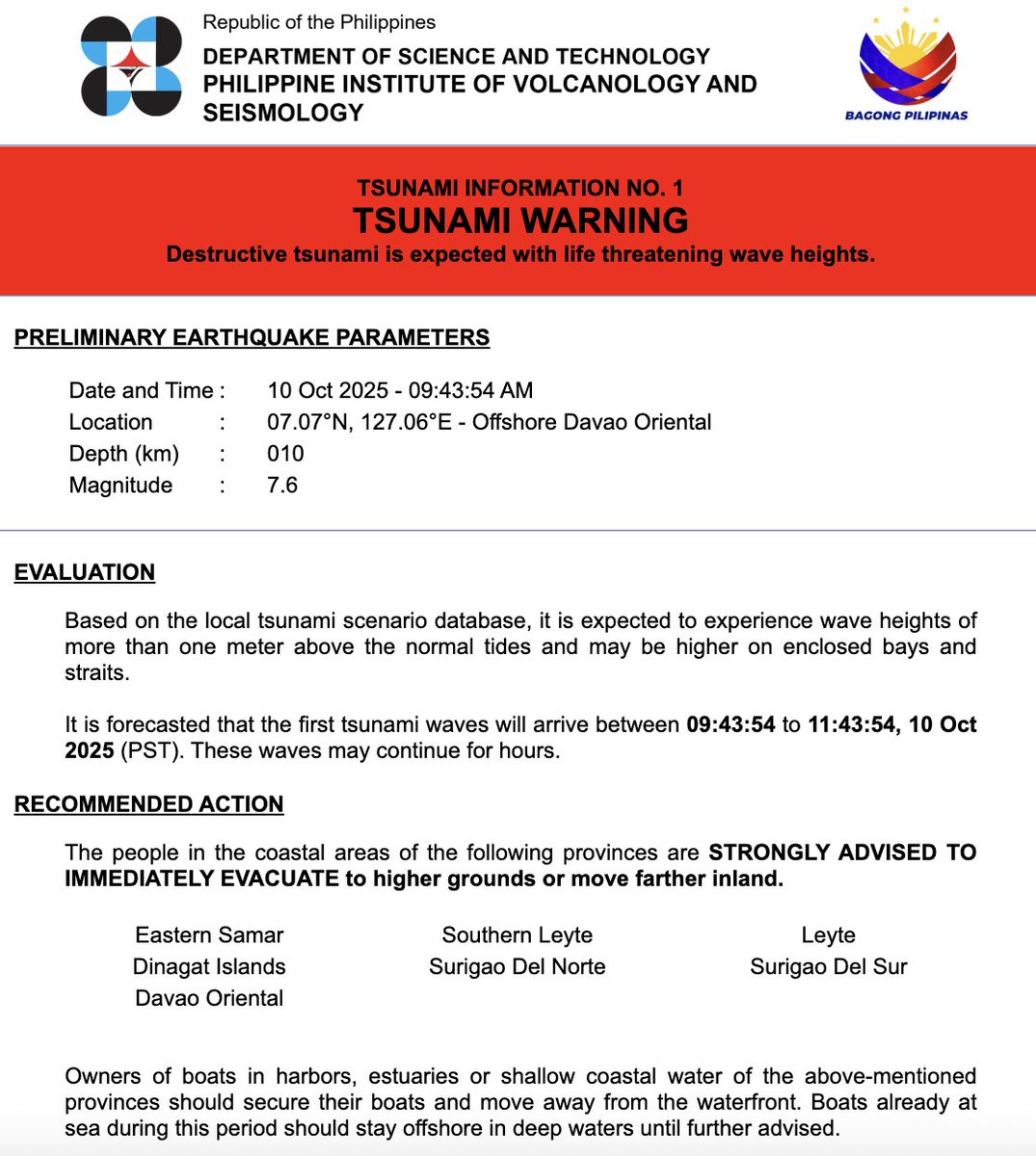 PhilippineStar's tweet image. TSUNAMI WARNING 🚨

Phivolcs released a tsunami warning following the magnitude 7.6 earthquake in Davao Oriental at 9:43 AM on Friday.

“Based on the local tsunami scenario database, it is expected to experience wave heights of more than one meter above the normal tides and may…