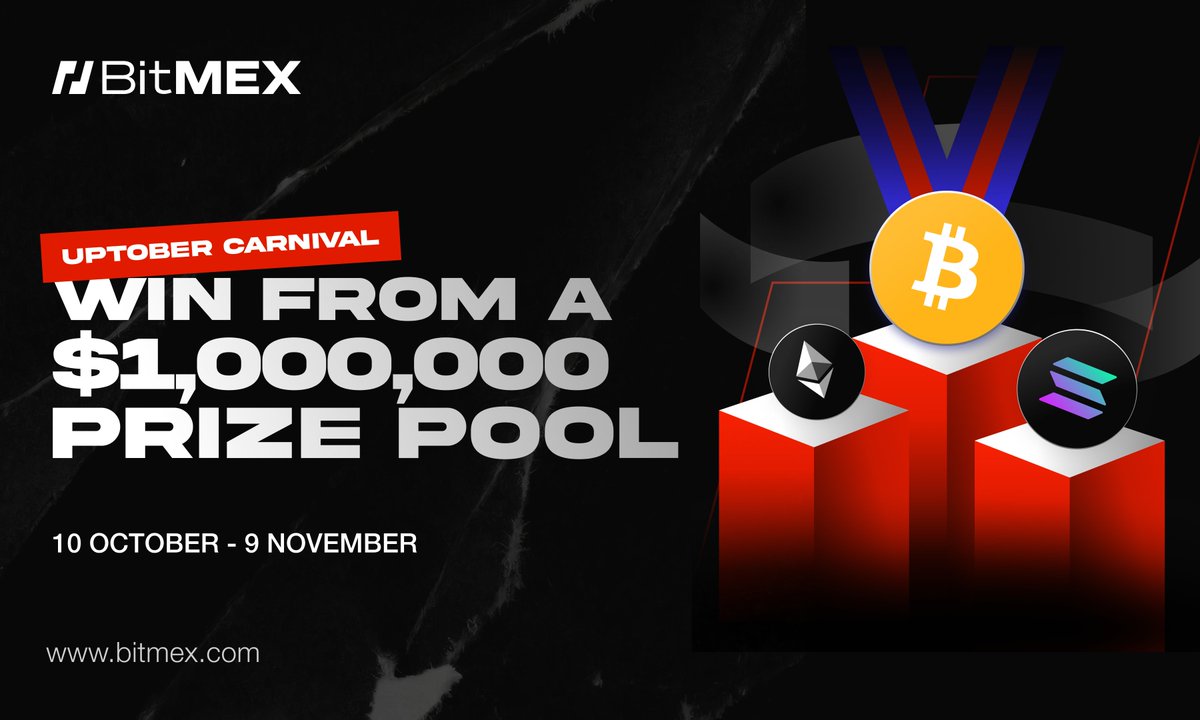 BitMEX's tweet image. Now Live: The #BitMEXUptoberCarnival 🎉

Win up to 1,000,000 USDT, $100,000 worth of $BMEX and more!

📅10 October - 9 November
💰Discounts on $BTC, $ETH and $SOL spot purchases
📱iPhone 17 Pro lucky draws
➕more

More details on the competition can be found here:…