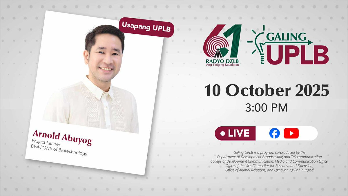 Halina't tumambay muna sa ating programa at tuklasin ang "BEACONS of Biotechnology" kasama ang UPLB Biotech! 

Ito ang #GalingUPLB sa Radyo DZLB Ang Tinig ng Kaunlaran!