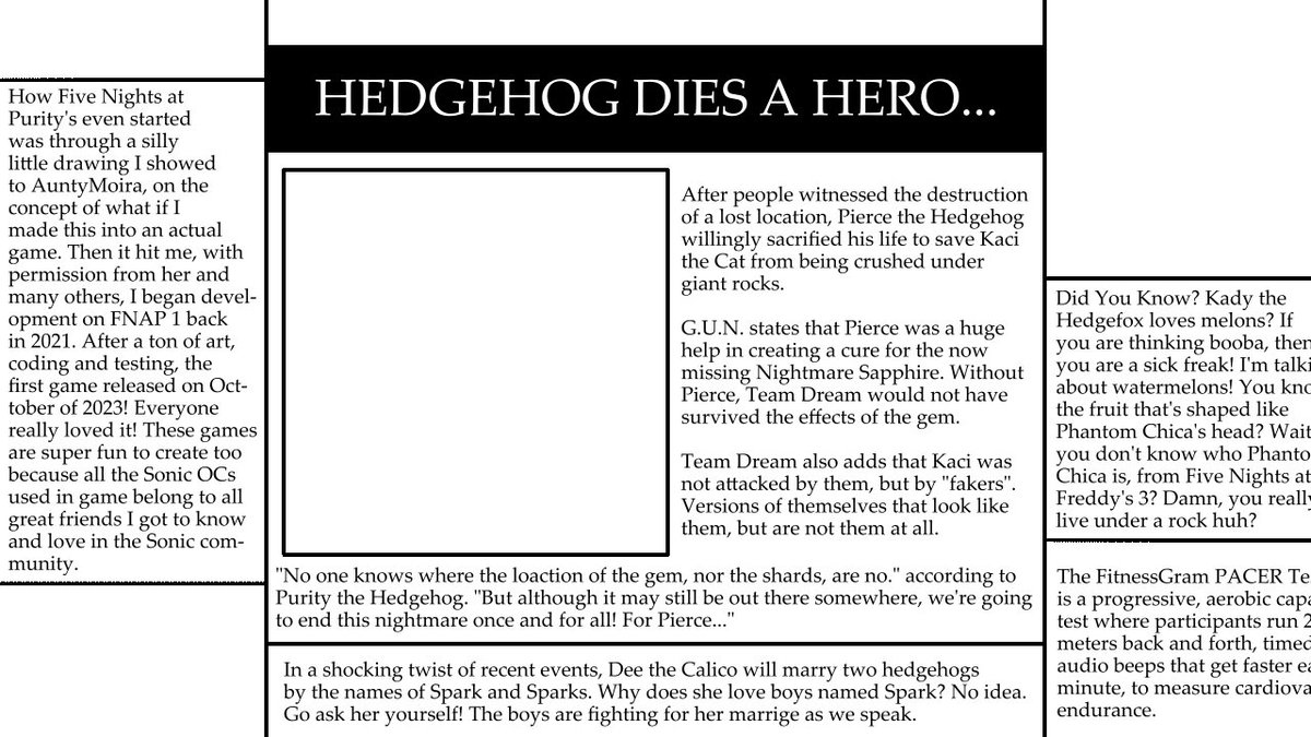 Newspaper WIP for FNAP 2.
Hmmm, I wonder what all these other articles are from? 0.0