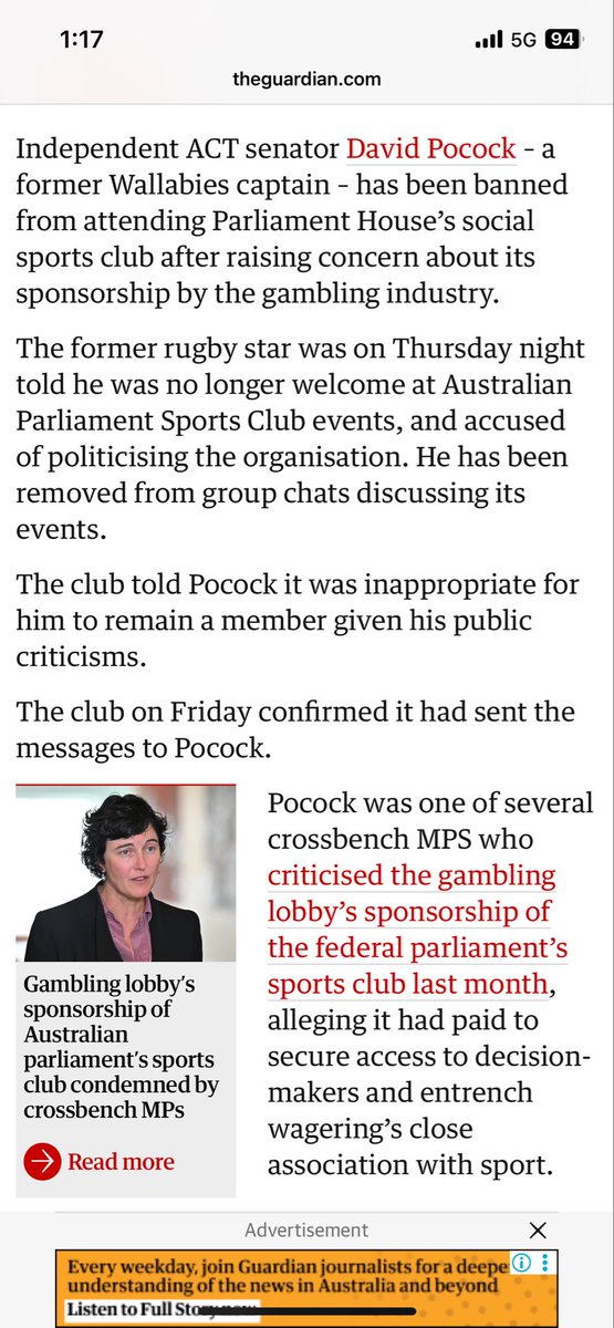 1. Pocock’s concerns here are very obviously well founded

2. Hilariously ironic that there’s A FORMER CAPTAIN OF THE WALLABIES in parliament and he’s not welcome in the sports club

theguardian.com/australia-news…