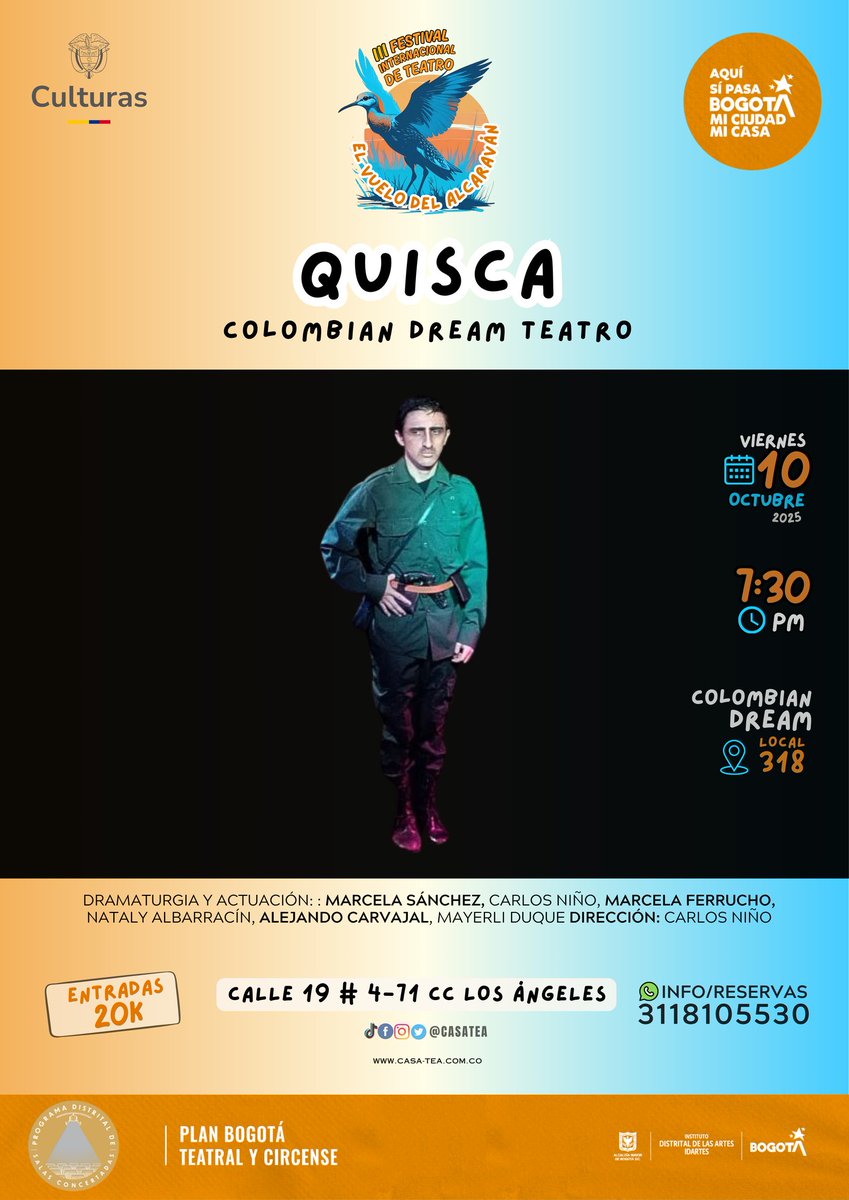 🦅Somos CASA TEA,la casa del TeatroEstudioAlcaraván y con mucha emoción los invitamos a nuestra Tercera VersiónDel Festival InternacionalDe Teatro“El Vuelo Del Alcaraván”en el 
🔴CENTRO COMERCIAL LOS ÁNGELES/CORREDOR CULTURAL🟢
🎉Acompáñanos del 3 al 12 de octubre🎉¡TE ESPERAMOS!
