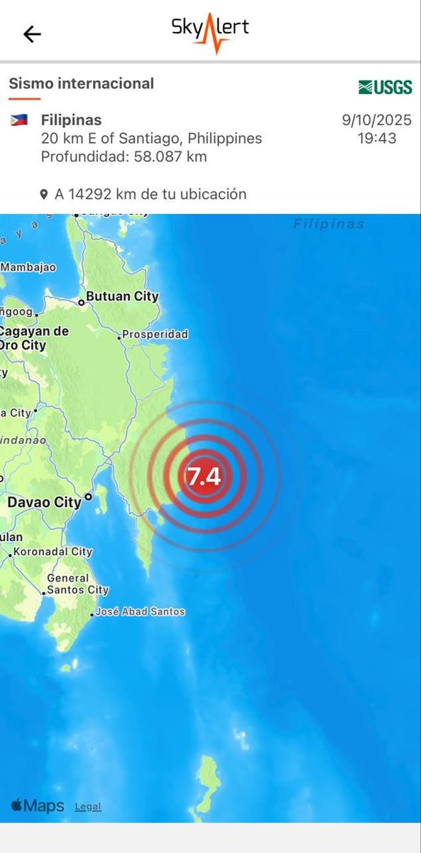 SkyAlertMx's tweet photo. #Sismo en #Filipinas magnitud 7.4 (USGS)🇵🇭

🔸Intensidades severas.
🔸Posibles daños en localidades cercanas al epicentro.
🔸Amenaza de tsunami únicamente para la región de Mindano, Filipinas. https://t.co/qYbXKeSdLs