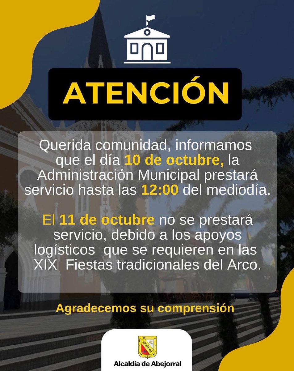 🌼 Querida comunidad:
Durante estos días seguimos trabajando en nuestras Fiestas Tradicionales del Arco, por eso el 10 de octubre la atención será hasta el mediodía, y el 11 de octubre no habrá servicio.
Gracias por su comprensión y por hacer parte de esta celebración.