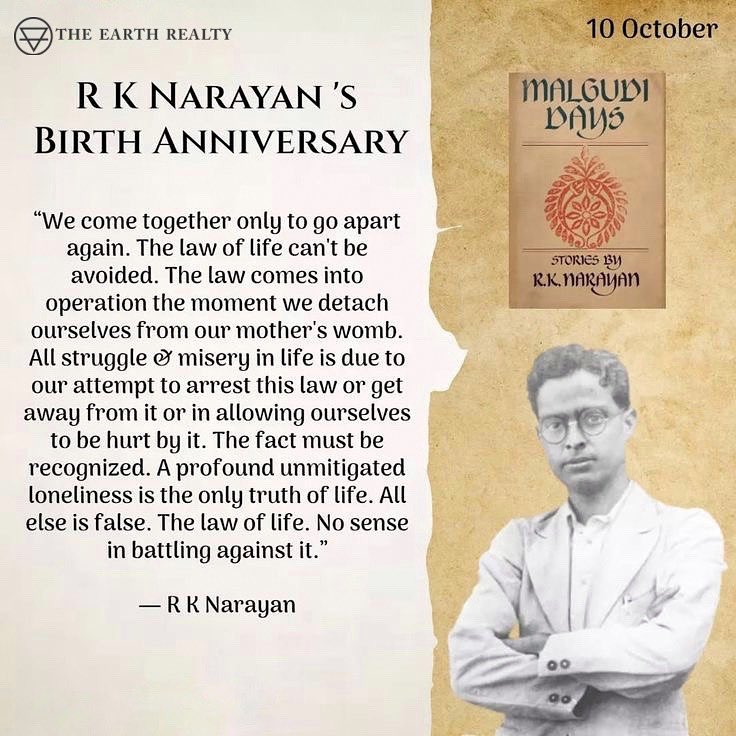 Remembering R.K. Narayan on his birth anniversary — the legendary storyteller who brought Indian life alive through timeless tales of Malgudi. His words continue to inspire generations, and his legacy remains a guiding light in Indian literature.

#RKNarayan