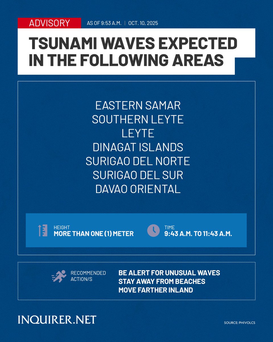 inquirerdotnet's tweet photo. TSUNAMI WARNING

Phivolcs warns the public that a destructive tsunami with life-threatening wave heights is expected in the affected coastal provinces, following a magnitude 7.6 earthquake off the coast of Manay, Davao Oriental.

•⁠ ⁠Follow live updates here: https://t.co/hBL5IAbM55