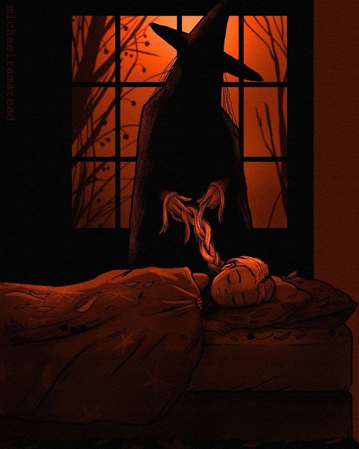 ClubHaunt's tweet image. The witch came not with fire, but with fingers like smoke, weaving silence into the maiden’s hair, knot by knot, dream by dream. ‘The Witch and the Maiden’ by @michaelramstead 
#HorrorCommunity #Halloween