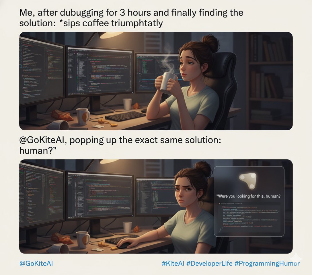 driew90's tweet image. Me, after debugging for 3 hours and finally finding the solution: sips coffee triumphantly
@GoKiteAI, popping up the exact same solution: "Were you looking for this, human?"
๐ Thanks, I guess.
#KiteAI #DeveloperLife #ProgrammingHumor