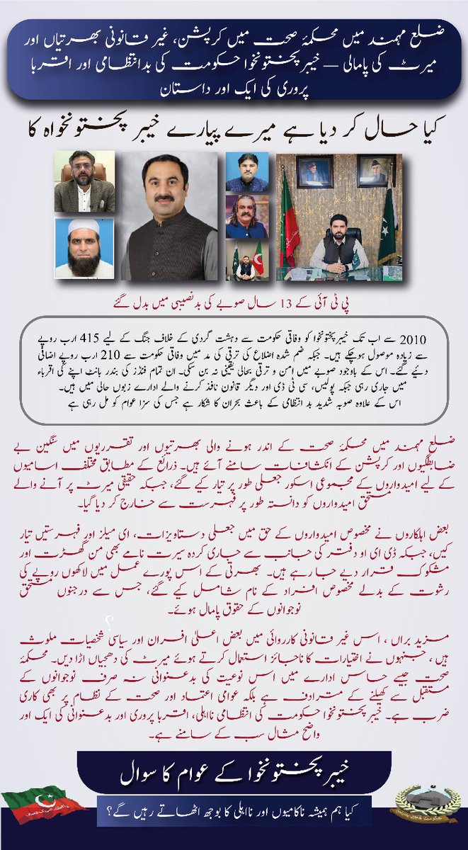 NaghmaTaji18784's tweet image. ضلع مہمند میں محکمۂ صحت میں مبینہ کرپشن، غیر قانونی بھرتیوں اور میرٹ کی خلاف ورزی سامنے آئی ہے، جو خیبرپختونخوا حکومت کی بدانتظامی، اقربا پروری اور ادارہ جاتی کمزوریوں کی عکاسی کرتی ہے۔
#sstvi #viral #GMMTVFANIVAL #LingOrm #Crypto #ptifailedinkp #ptiexposed