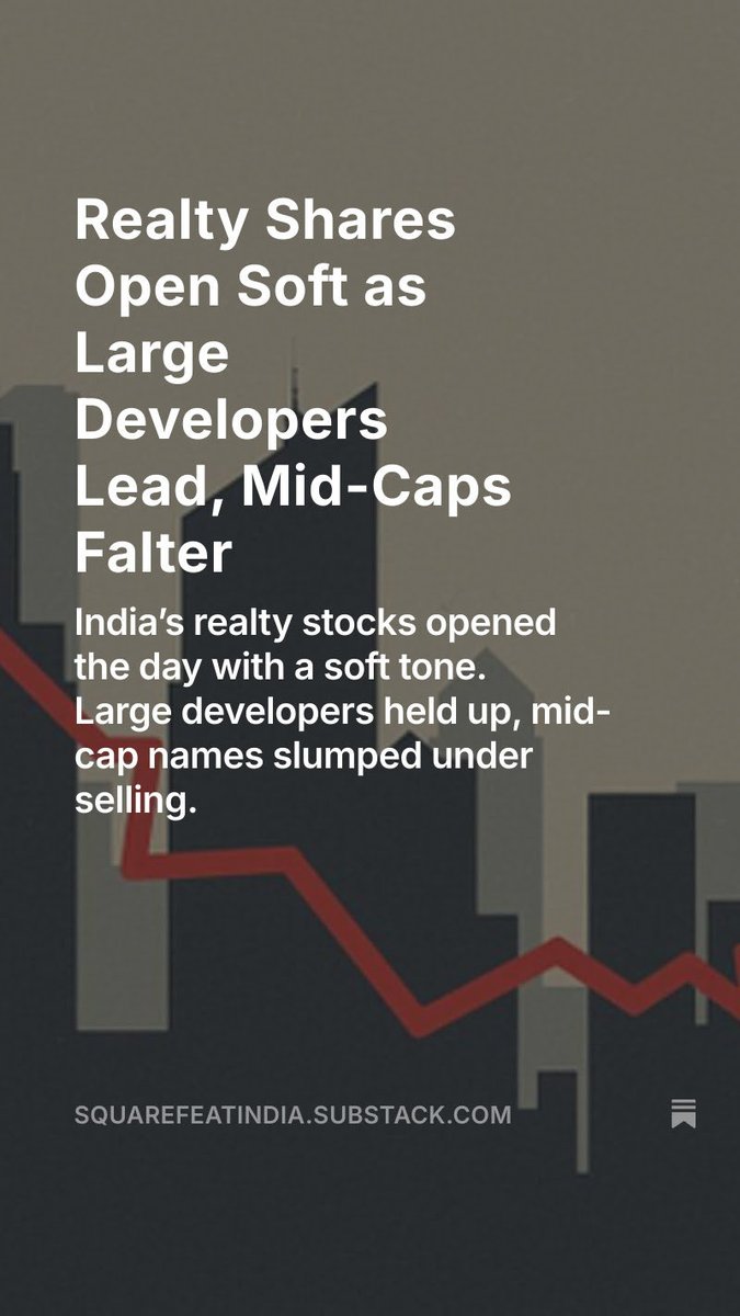 SquareFeatIndia's tweet image. Real estate stocks opened soft today 🏠 👉 Large developers held firm 👉 Mid-caps slipped on profit-taking The sector is consolidating after recent gains — earnings &amp;amp; macro cues will drive the next move. @SquareFeatIndia  #RealEstate #StockMarket #MidCapStocks #Investing