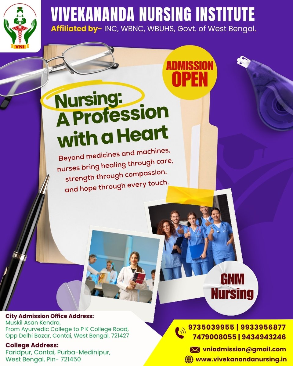 contactVNI's tweet photo. Nursing is a calling, not just a job. 💙  Vivekananda Nursing Institute is accepting applications for GNM Nursing 2025–2026.  Join a field that, with each touch, offers hope, builds with compassion, and heals with caring

#VivekanandaNursingInstitute #NursingCareer2025 https://t.co/282UuGeF8B