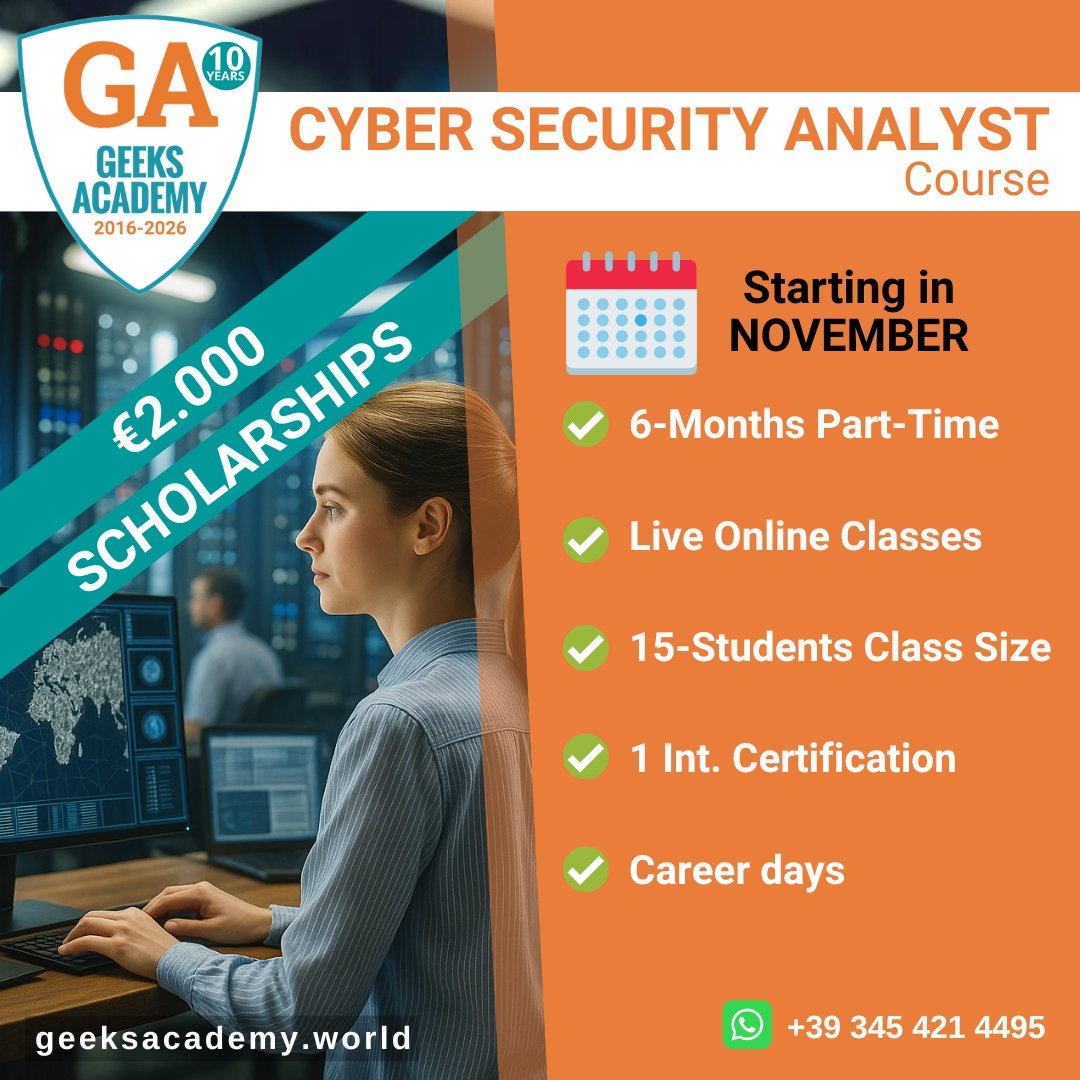 GeeksAcademyEu's tweet image. Geeks Academy turns 10 and offers 10 scholarships worth €2,000.
Become a #CyberSecurityAnalyst: learn to detect, monitor, and respond to #threats as part of both Red and Blue Teams.
Includes #Internationalcertification + job interviews.
Starting November.
is.gd/Cyber_Sec_Anal…
