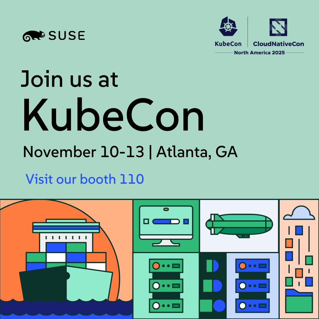 dpostel's tweet image. Ready to connect and collaborate? 🤔
😍 We're thrilled to be at #KubeCon + #CloudNativeCon North America 2025!
Visit us at booth 110 to explore the latest innovations from the world of @SUSE, including #SUSELinux, #SUSERancherPrime #SUSEEdge, #SUSEAI, and so much more!
