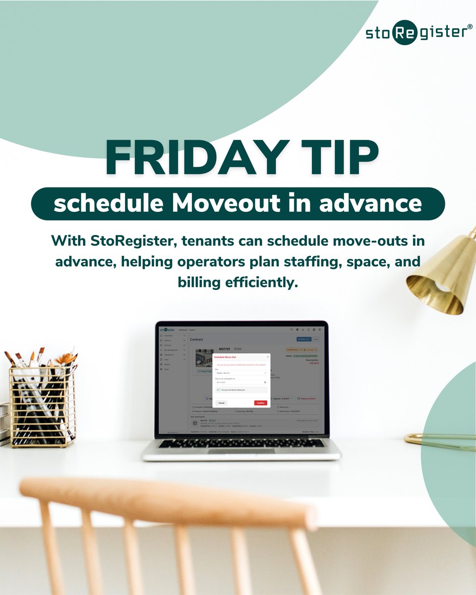 storegister's tweet image. Plan, stay ahead! 🚀
With StoRegister, tenants can schedule move-outs early — helping operators plan staffing, space &amp;amp; billing efficiently.
A small feature for big operational peace. 🌟
👉 storegister.com
#StoRegister #SmartStorage