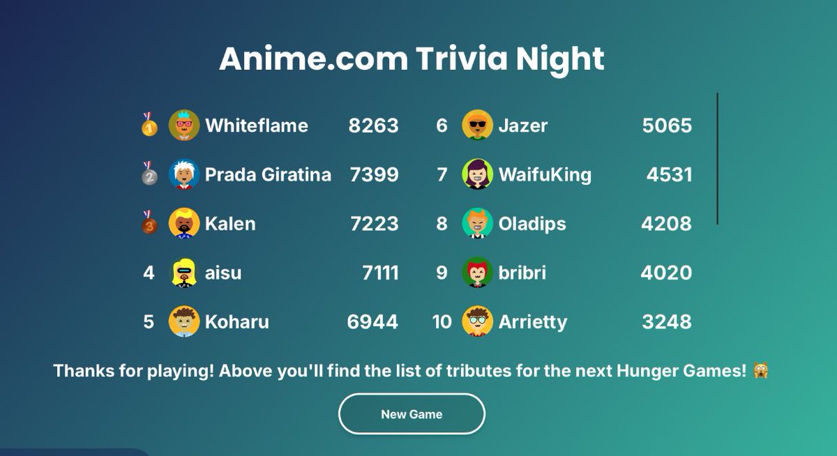 emilyrosemcg's tweet image. Had a ton of fun running trivia night with the Anime.​com community, and there were also some hilarious moments. 😂

Don’t miss the next one! Make sure you’re in the Discord and get alerts for the next one!