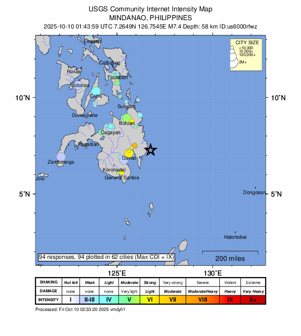 #Breaking | #Earthquake magnitude 7.4  (USGS) 20 km E of Santiago, Philippines.

•Severe intensity reported.
•Some casualties and damage are possible.
•There is a tsunami threat in the Mindanao Island region.
•No tsunami warning, advisory, or threat has been issued for other