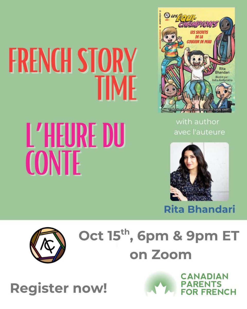 Join author Rita Bhandari for story time as she reads aloud from her award-winning book The Ace Compeers in French, Les Équi-Champions!

Wednesday, October 15th, 2025, at 6pm and again at 9pm ET on Zoom!

Target age group: 7 to 10 years old

To register:  cpf.ca/qc-nu/virtual-…