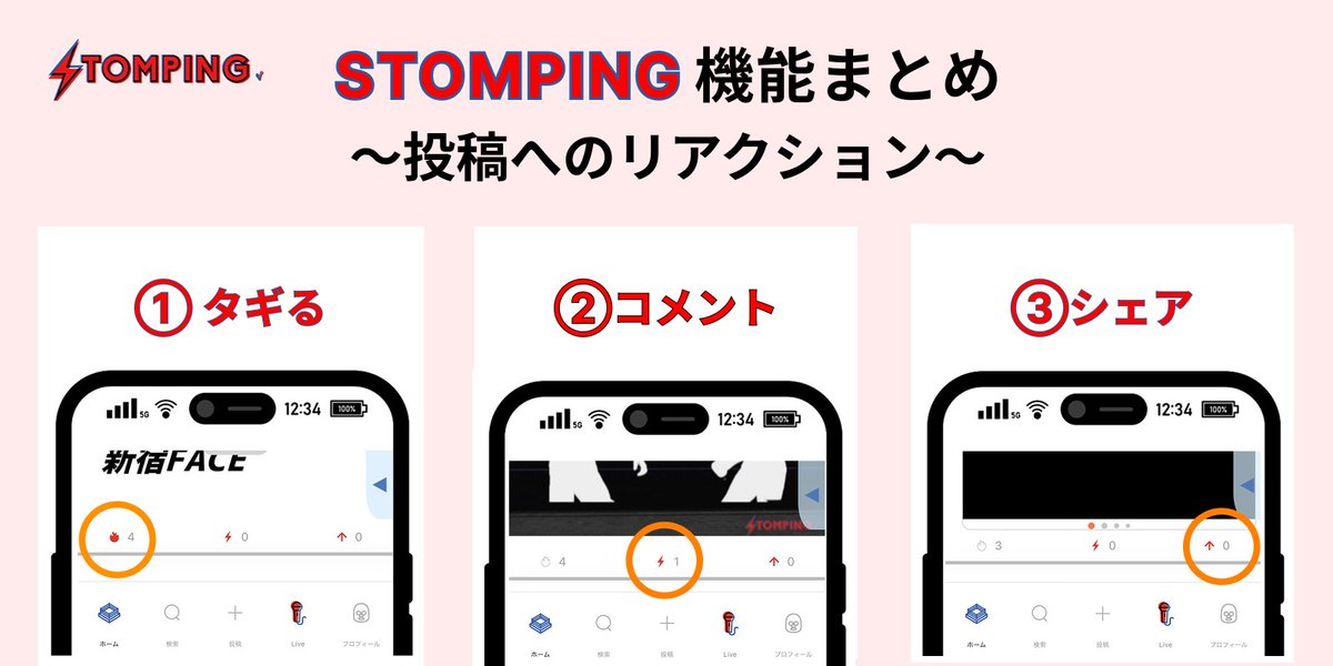 _STOMPING's tweet image. STOMPINGの機能をまとめてご紹介！
今回は投稿への「リアクション」機能をご紹介します💡

① タギる
「イイね👍」の代わりに押せるSTOMPINGならではのリアクション🔥
共感したら炎ボタンをタップ

②コメント
「ビリビリきた⚡️」と思ったらイナズマをタップ！…
