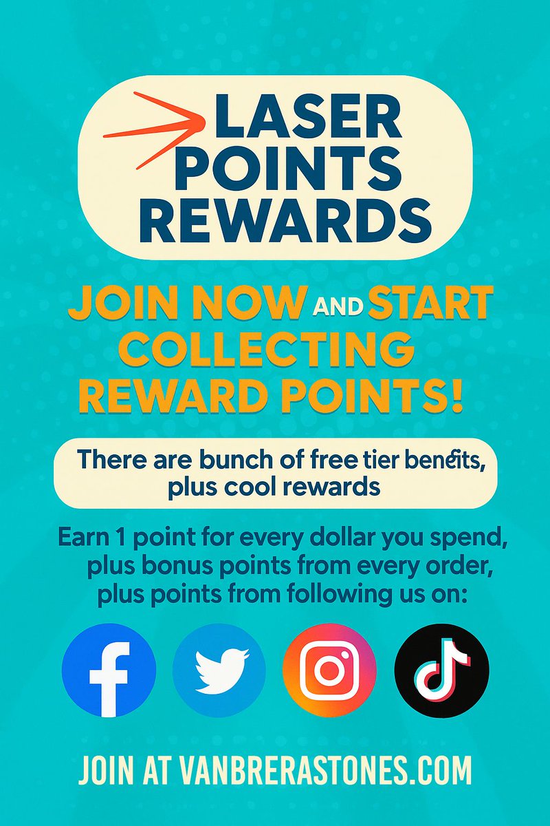VanbreraStones's tweet photo. ✨ Turn your orders into rewards! ✨
Join Laser Points Rewards today and start earning points for every dollar you spend — plus bonus points from every order and for following us on social! 🎉
Cool perks, free tier benefits, and exclusive rewards are waiting — don’t miss out! 🚀

#LaserPointsRewards #VanbreraStones #CustomerRewards #LoyaltyProgram #EarnPoints