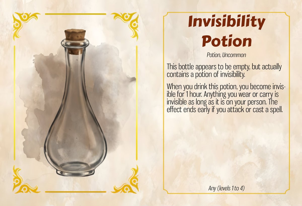 Invisible Invisibility Potion

Try this on your players. A bottle that looks empty, but is actually an invisible invisibility potion! Trick is to get them curious to try it-have a label, sloshing sounds, or other hint.

#dnd #rpg #critgames #tabletop #dungeonmaster