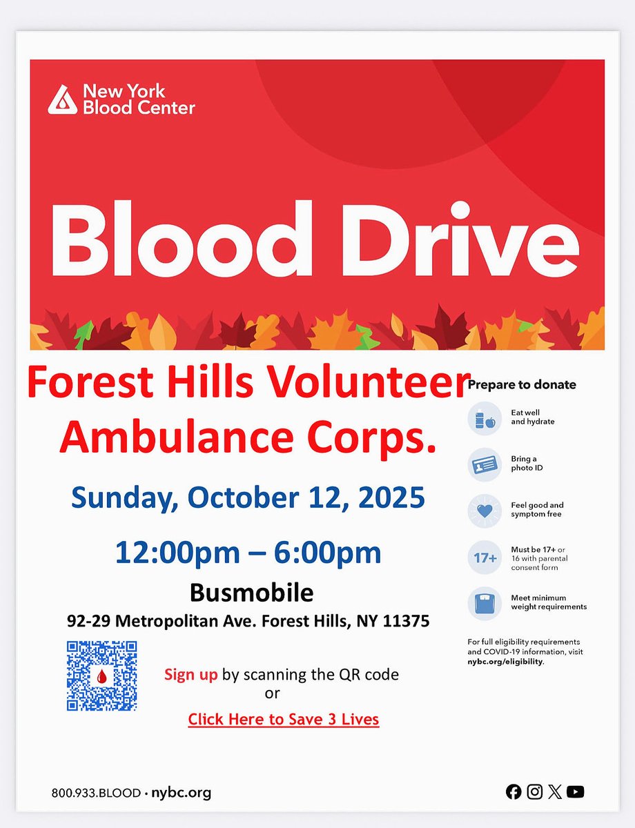 We are pleased to invite you to a life-saving Blood Drive event hosted by the Forest Hills Volunteer Ambulance Corps! Every donation helps ensure that patients in need receive the vital blood supply they require.

Register here:  donate.nybc.org/donor/schedule…
