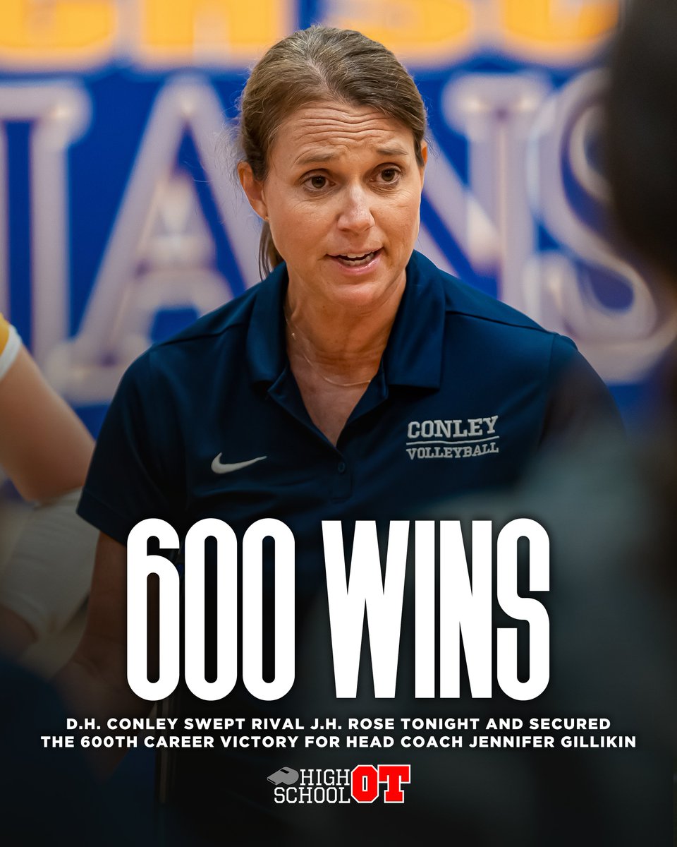 HighSchoolOT's tweet image. Jennifer Gillikin's 600th career victory comes in D.H. Conley's sweep of rival J.H. Rose.

Gillikin is the fifth active volleyball coach in North Carolina to achieve 600 victories, joining North Henderson's Sue Moon, Carson's Keelan Rogers, Ardrey Kell's Zoe Bell, and the state's…