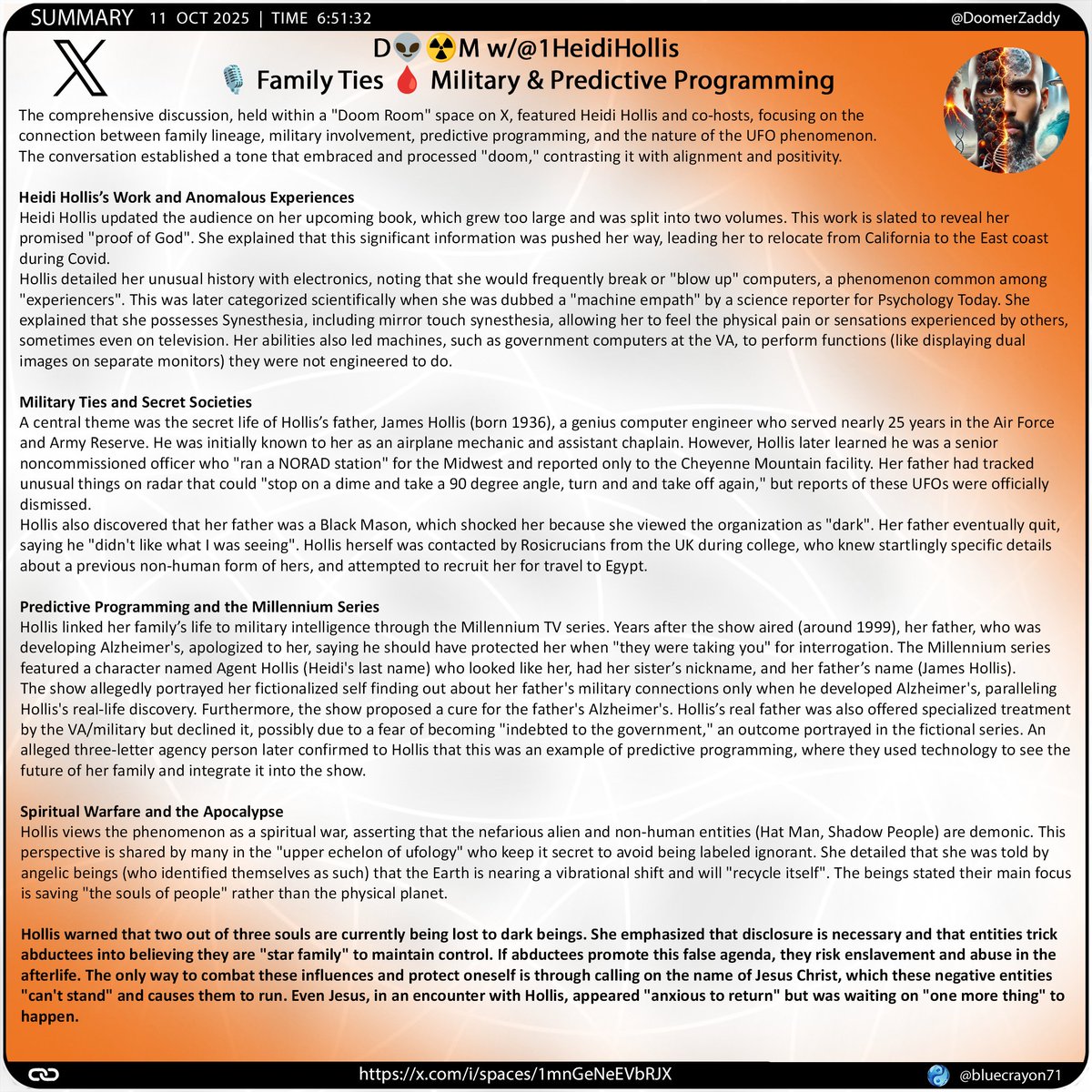 bluecrayon71's tweet image. D👽☢️M w/@1HeidiHollis🎙️ Family Ties🩸Military & Predictive Programming @DoomerZaddy
🔗x.com/i/spaces/1mnGe…
#PredictiveProgramming #UFO #Disclosure #SpiritualWarfare #AngelsAndDemons #HatMan #ShadowPeople #SoulTrap #ProofOfGod #JesusChrist #Apocalypse #Synesthesia