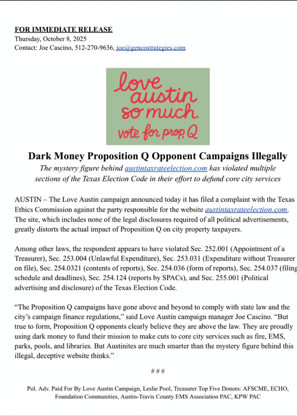 natemcguire's tweet image. (dark money enters the chat - not really that&apos;s sarcasm ethics commission)  

Hey @joecascinotx , 

it&apos;s me, a life long resident of Austin (UT grad), and also the creator of austintaxrateelection.com, and also the person you filed a &quot;Ethics Commission&quot; complaint against (lol).…