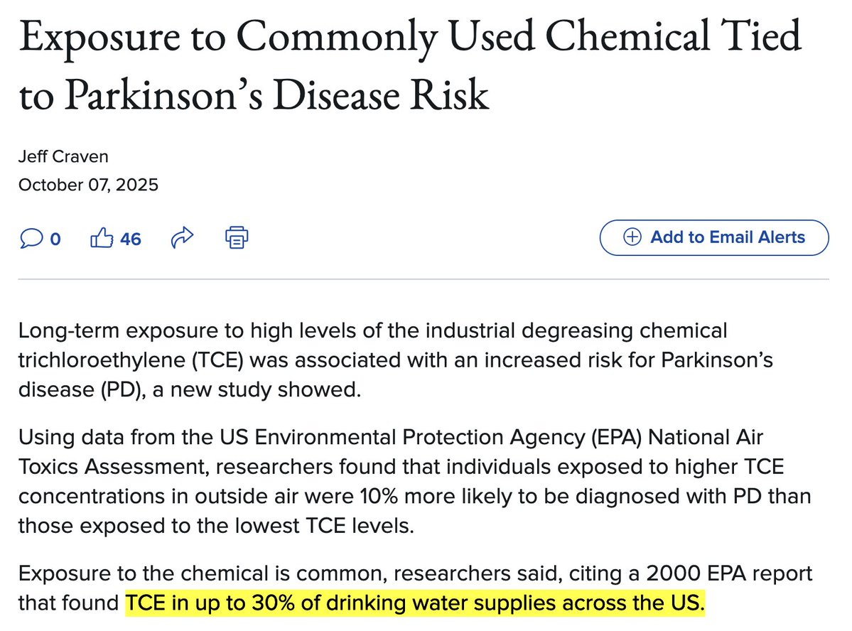StatisticUrban's tweet image. Already a known carcinogen, trichloroethylene (TCE), a common industrial chemical used in manufacturing, has now also been linked to Parkinson's.
It's found in up to 30% of drinking water supplies in the US. Biden's EPA banned it, but Trump has halted the new rule.