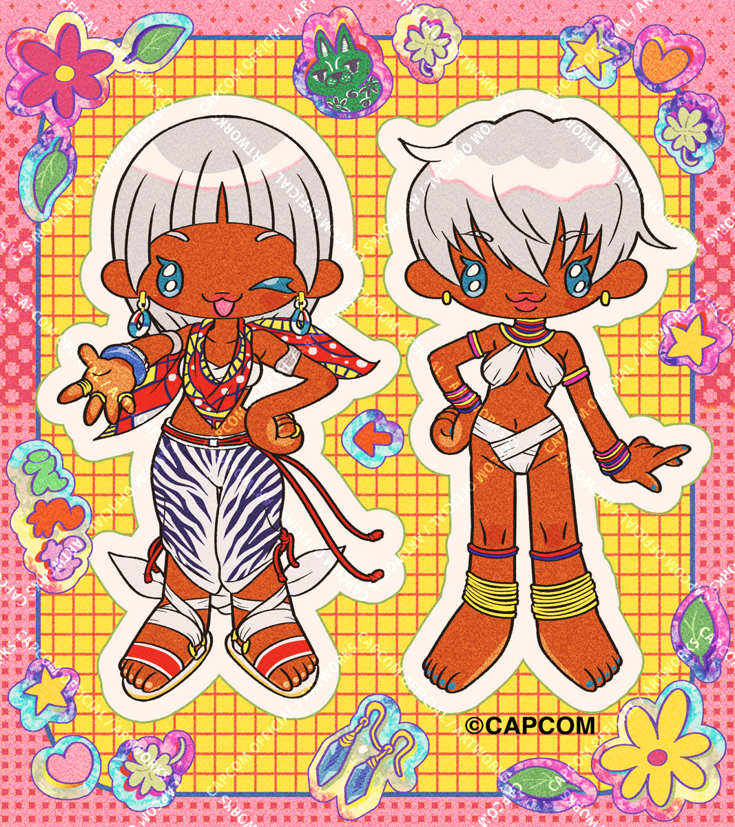 CAPCOM_AWT's tweet image. 本日の一枚。
🌸🩷✨☘️✨😻✨🩷🌸
ポップでレトロなキラキラシール風のエレナです。
最近の平成リバイバルブームに感激しています。（片岩ゆり）
#SF6 #カプコンアートワーク #CAPCOM #ARTWORK #衣替え