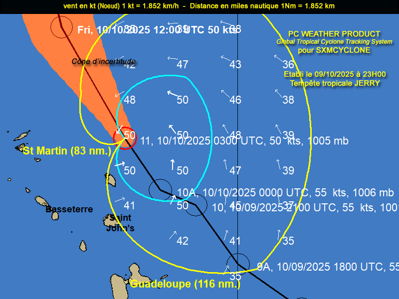 A 23 heures la tempête JERRY est située à 160 Km à l'Est des îles du nord. Elle a pris un cap nord ouest (315°), vents 95 km/h, pression 1005 hpa