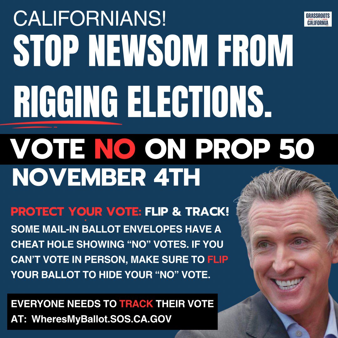PioneerMama's tweet image. Stop Newsom from rigging elections! 🇺🇲 Only 26 days until the Nov 4 special election &amp;amp; we need to get out the vote NO on Prop 50 too big for them to rig their attempt at next leveling their election rigging with partisan Gerrymandering! Spread the word!

🇺🇲 Vote NO on Prop 50 in…