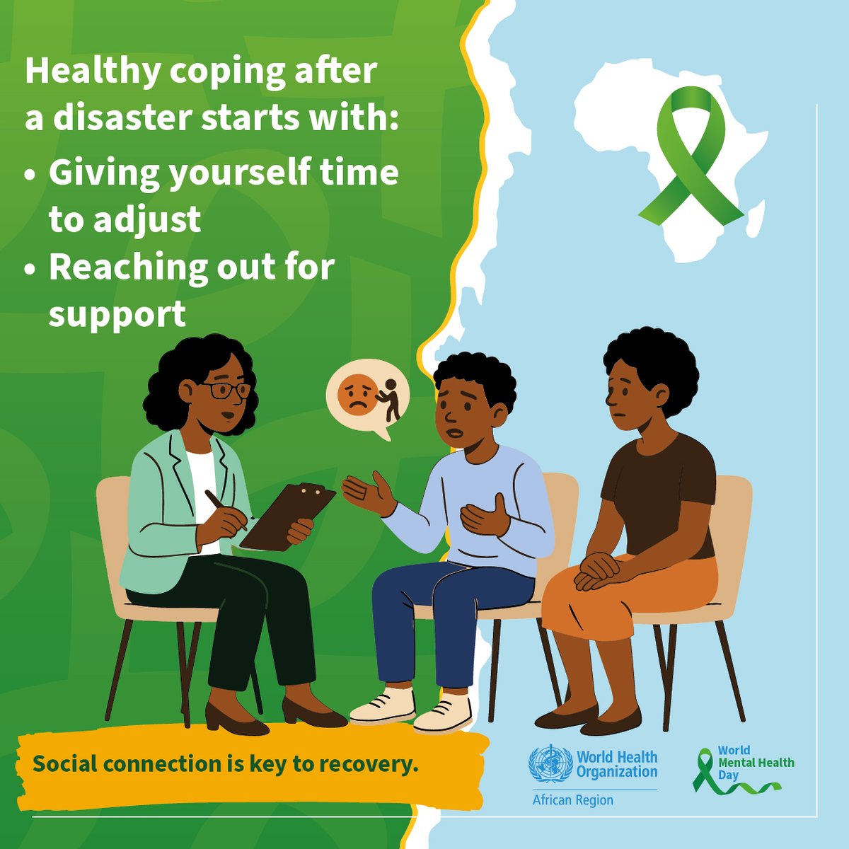 WHOWPRO's tweet image. Are you struggling to cope after a crisis? You’re not alone.
After a disaster, it’s normal to feel:
😟Anxious or sad
😠Irritable or angry
💔Grief over loved ones
🏚️ Distress over loss of home or income
Healthy coping starts with:
🕊️ Giving yourself time to adjust…