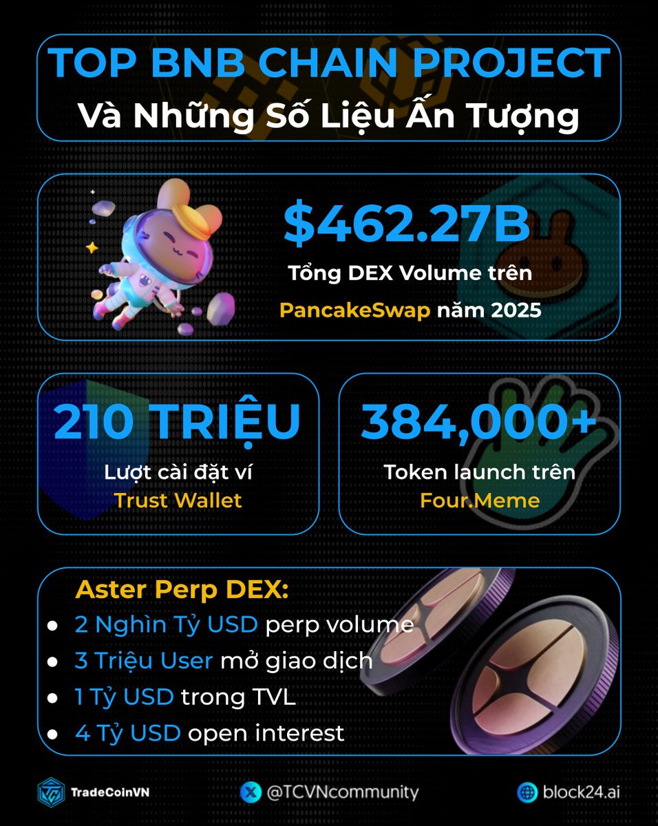 TCVNcommunity's tweet image. 🔥 2025 thực sự là một năm rực cháy của BNB Chain.

Và những dự án nổi bật nhất BNB Chain đã khai thác rất tốt lợi thế này để chinh phục những cột mốc lớn lao.

#BNB #BNBchain #PancakeSwap #TrustWallet #Aster #Fourmeme #Binance