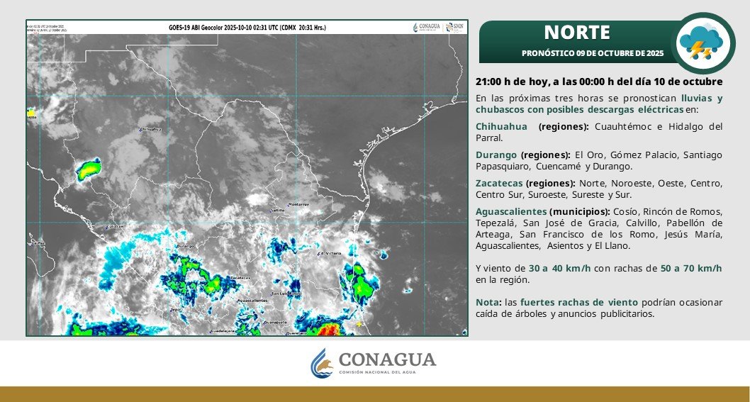 conagua_clima's tweet photo. #Lluvias y #Chubascos con precipitaciones fuertes, #DescargasEléctricas y #Rachas de #Viento de 40 a 70 km/h, se pronostican para el noroeste, norte y noreste de #México, así como  y #Oleaje elevado en la costa occidental de #BajaCaliforniaSur, en las próximas horas  ⬇️ https://t.co/40JRkrQCJN