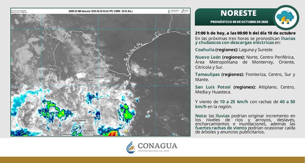 conagua_clima's tweet photo. #Lluvias y #Chubascos con precipitaciones fuertes, #DescargasEléctricas y #Rachas de #Viento de 40 a 70 km/h, se pronostican para el noroeste, norte y noreste de #México, así como  y #Oleaje elevado en la costa occidental de #BajaCaliforniaSur, en las próximas horas  ⬇️ https://t.co/40JRkrQCJN