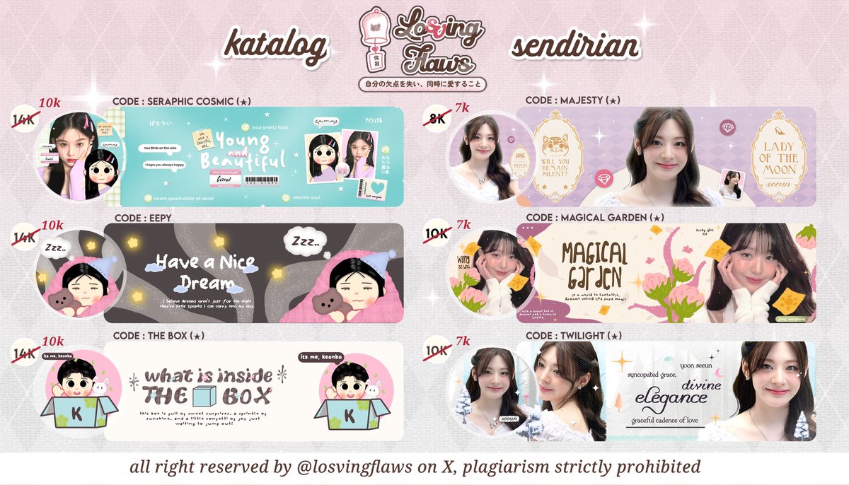 losvingflaws's tweet photo. help rt / repost pls? terimakacii 🤍

hai-hai! spesial 10.10 elody open layout by request dengan potongan harga di setiap katalog. no minimal n maksimal order karena elody akan close bila dirasa cukup🎐

met jajan periang__<☝

#zonauang #zonaba https://t.co/57Vy1QQPBR