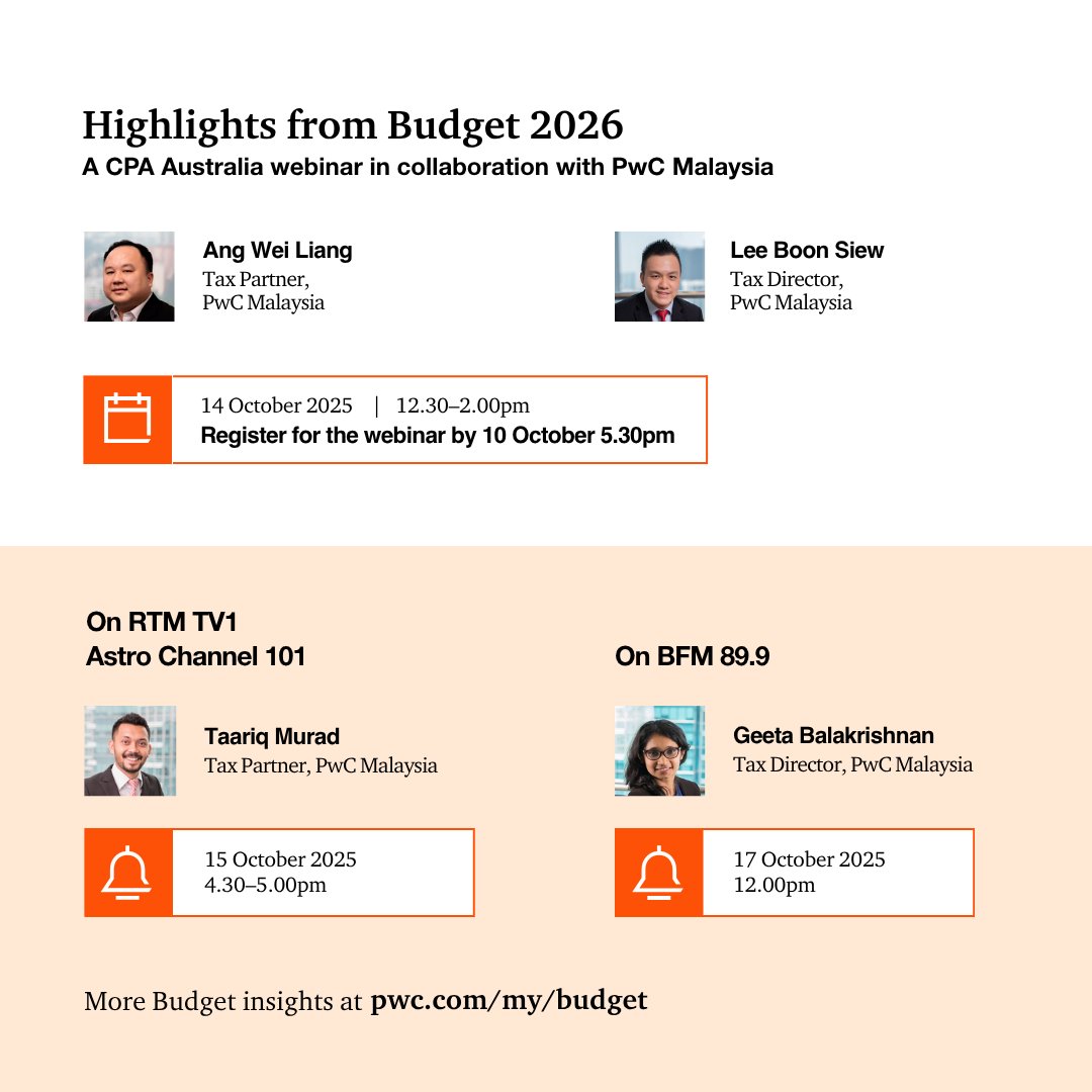 Ready for #Belanjawan2026? Tune in to BFM, Bernama TV, and RTM from 10–17 October for our first impressions on the proposals. 

Sign up to join our exclusive webinar with CPA Australia next Tuesday, 14 October for a deeper dive: bit.ly/4oeTWSU