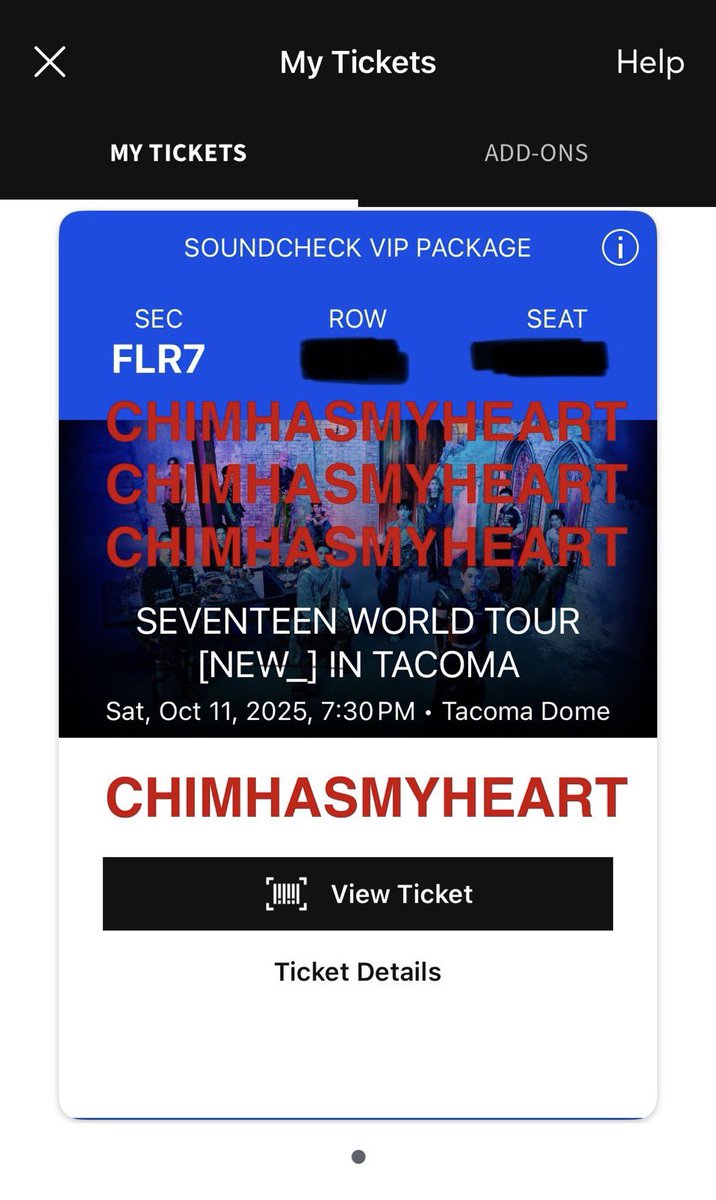 Reposting!!!
WTS VIP SVT IN TACOMA - SEATTLE VIP

FLR7, row N
soundcheck vip, can send ID for benefits!
selling fv ($573)
will provide proofs
¡ accept paypal g&amp;s, venmo, + zelle! must pay fee for paypal g&amp;s
dm offers!!!
#SEVENTEEN #svtinseattle #wtssvt