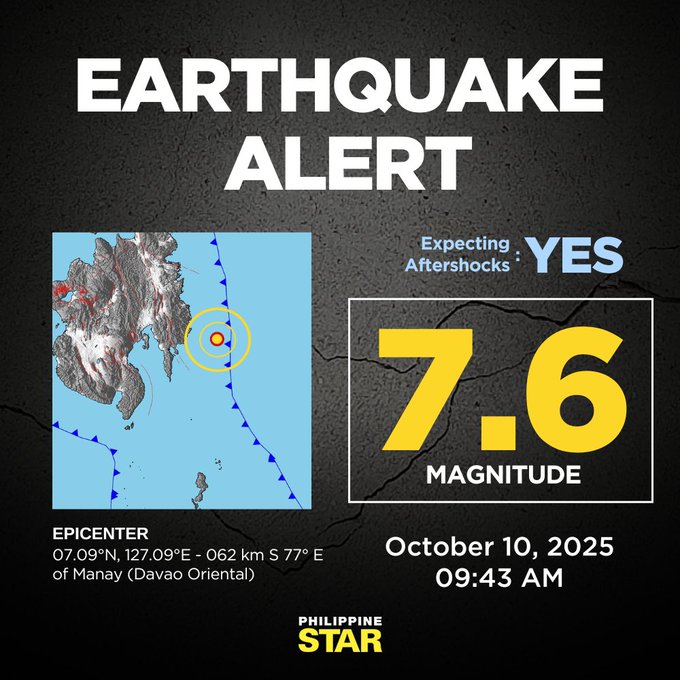 theinformant_x's tweet image. โ๏ธโ ๏ธ๐ต๐ญ - A 7.6-magnitude earthquake struck offshore in the southern Philippines on October 10, 2025, at a depth of 10 km (6 miles) off Manay town in Davao Oriental province, Mindanao region.
The Philippine Institute of Volcanology and Seismology (Phivolcs) warned of potentialโฆ