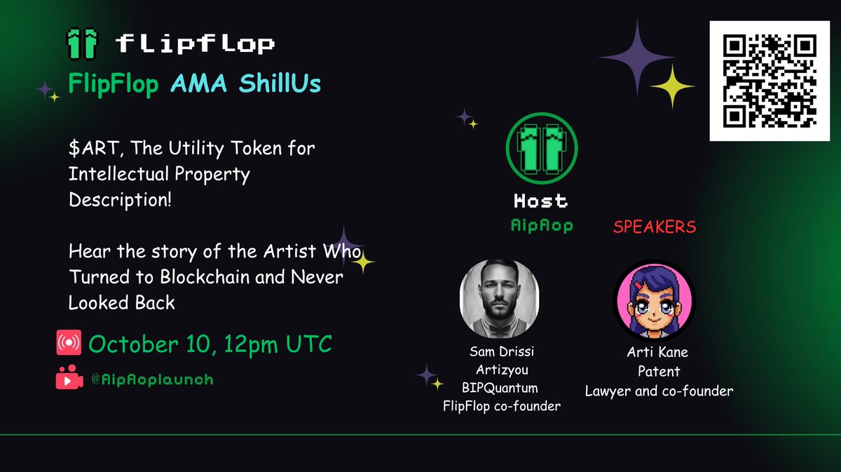 flipfloplaunch's tweet image. ✨ShillUs✨ 

FlipFlop meets Artizcoin, the project for creators. The Utility Token for Intellectual Property giving creators, inventors, and innovators access to blockchain IP protection, licensing, and education. 

 Hear the intriguing story of the Artist Who Turned to…