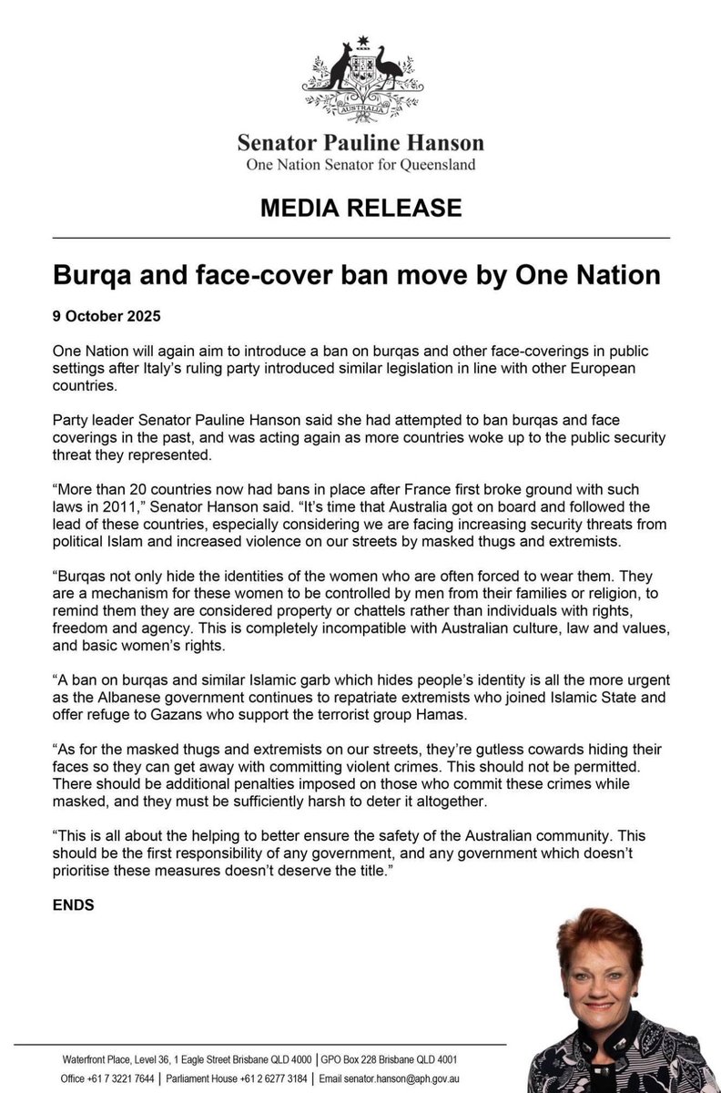 𝗢𝗻𝗲 𝗡𝗮𝘁𝗶𝗼𝗻 𝘄𝗶𝗹𝗹 𝗯𝗮𝗻 𝘁𝗵𝗲 𝗯𝘂𝗿𝗾𝘂𝗮 𝗮𝗻𝗱 𝗳𝗮𝗰𝗲-𝗰𝗼𝘃𝗲𝗿𝗶𝗻𝗴𝘀

As the Albanese government continues to repatriate extremists who joined Islamic State and offer refuge to Gazans who support the terrorist group Hamas - One Nation will reintroduce a Bill