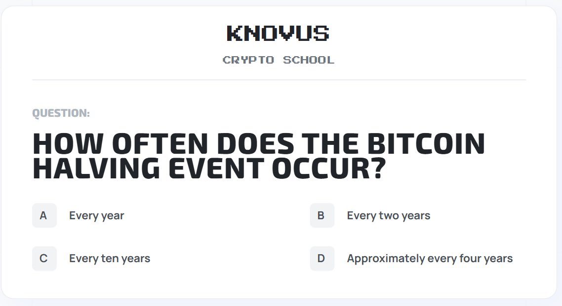 Knovus Crypto School is in Session! 

Today's quiz is about a core event in Bitcoin's design.

Hint: It's not triggered by a calendar date, but by the mining of 210,000 blocks.

The quiz is now live on the Knovus platform.