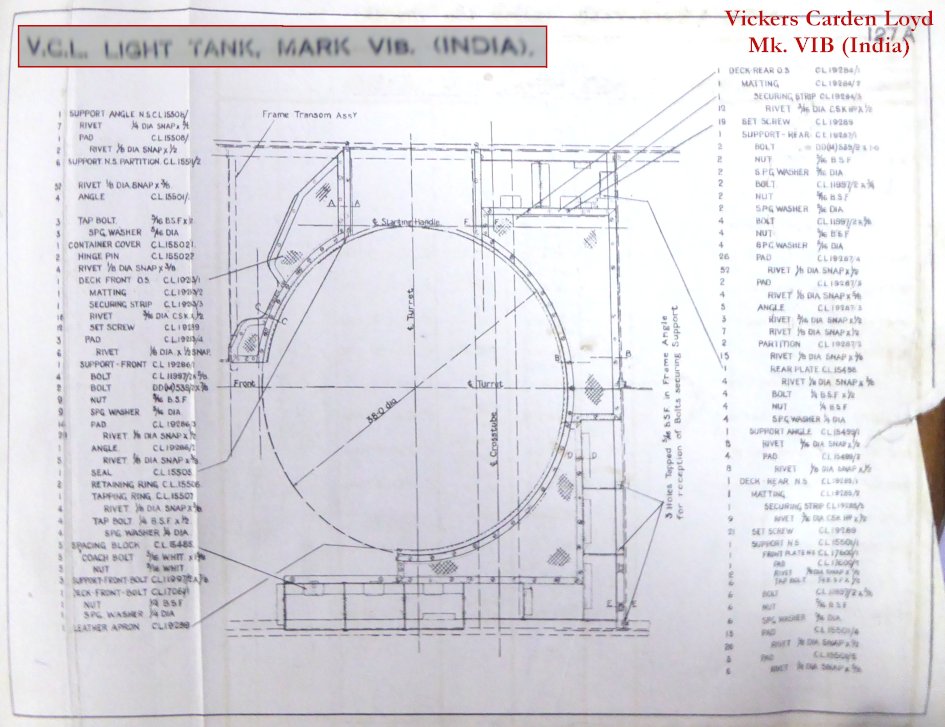 Its in a rather bad state but this is the blueprint for the Vickers Carden Loyd Light Tank Mark VIB (India) Pattern hull top deck. It shows a 38" (965 mm) hole for the turret ring and a wealth of other fittings. Just becasue its small doesn't mean there's not a lot of bits.