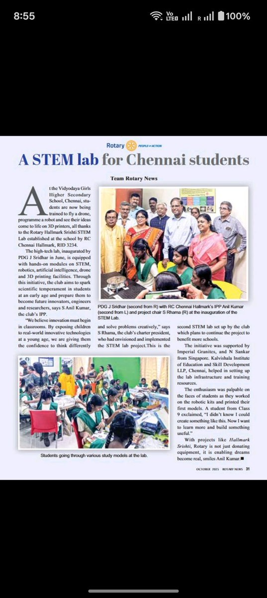 RoboRAM7's tweet image. Empowering young innovators! 💪
Our STEM Lab featured in Rotary News (Oct 2025) — helping students at Vidyodaya Girls HSS, Chennai explore Robotics, AI, Drones & 3D Printing.
Learning. Creating. Inspiring. 💡
#HallmarkSrishti #RoboRAMJunior #STEMLab #Rotary