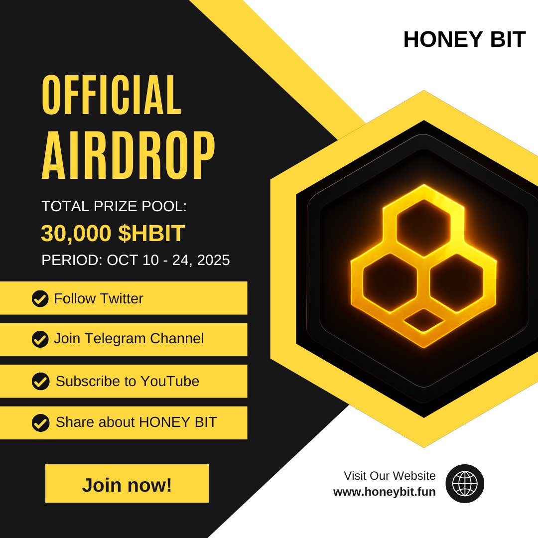 0xhoneybit's tweet image. 📢 Announcing the first official airdrop for the HONEY BIT $HBIT project.

This is an opportunity to join our community and support our vision for integrating AI, DeFi, and GameFi.

🎁 Prize Pool: 30,000 $HBIT
🗓️ Period: Oct 10 - Oct 24, 2025

Become a foundational member of the…