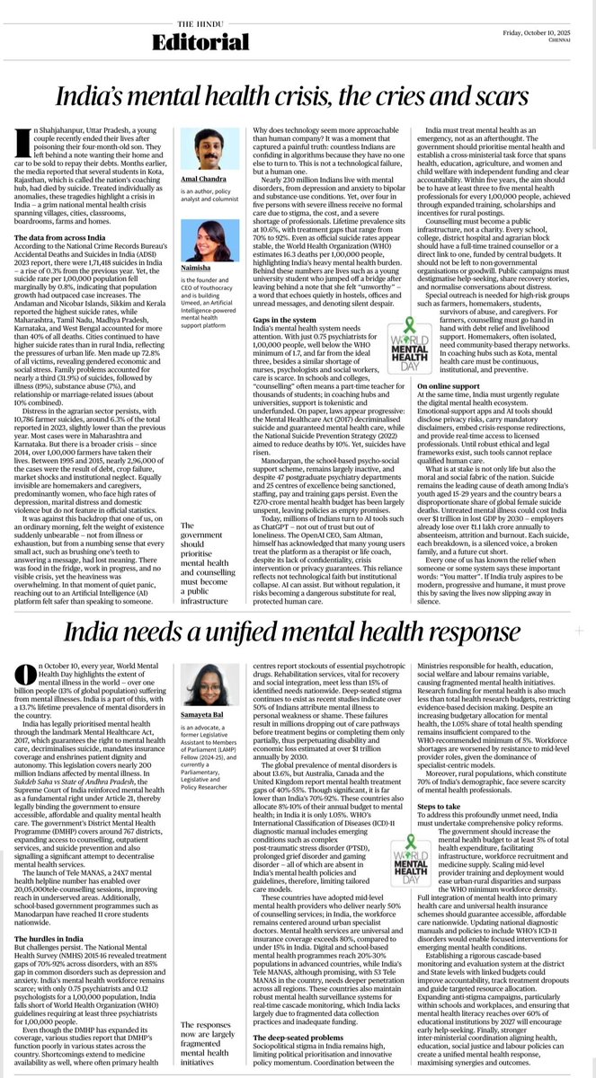 Today.. 
October: 10 
"World Mental Health Day"..!

<a href="/TheHindu/">The Hindu</a> published two articles with alarming datas in the centre page!

23 crore Indians are suffering from some kind of mental health issues!

Suicides are increasing!

#WorldMentalHealthDay #mentalhealth #MentalHealthSupport