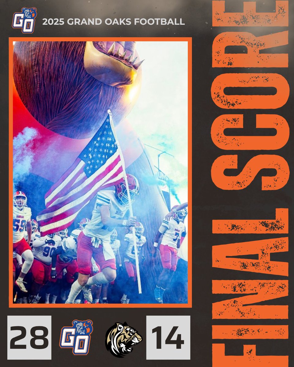 Final:
Grand Oaks 28
Conroe 14
 
Grand Oaks moves to 5-2 on the season! 
#txhsfb #Growl