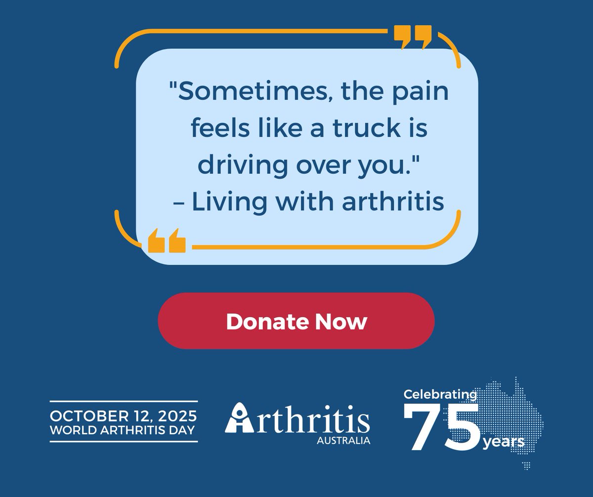 In Australia, millions of people live with unrelenting joint pain, stiffness, and emotional fatigue that most others can't see or understand.

👉 This #WorldArthritisDay, please donate to bring much-needed relief and care to those impacted: arthritisaustralia.com.au/get-involved/d…