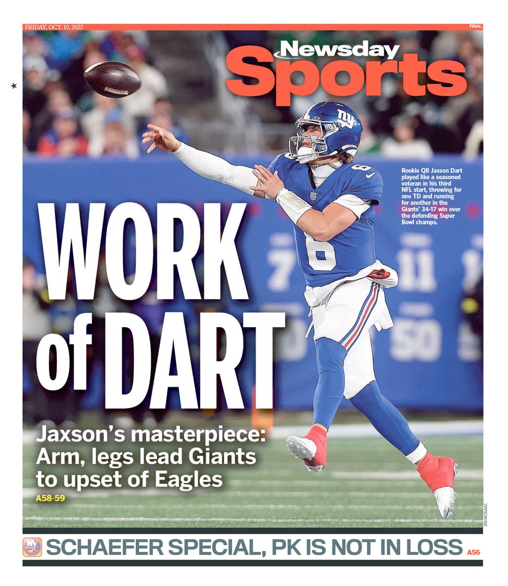 joe_manniello's tweet image. Newsday's Friday Late Back Page

Dart leads Giants to big win over Eagles

PLUS: Schaefer has point in debut but Isles fall

@APSE_sportmedia